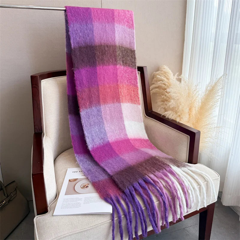 RUNMEIFACN Women's Winter Plaid Cashmere Blend Scarf with Tassels