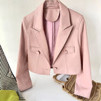 Women's Genuine Sheepskin Leather Blazer Jacket - Pink, Single Button