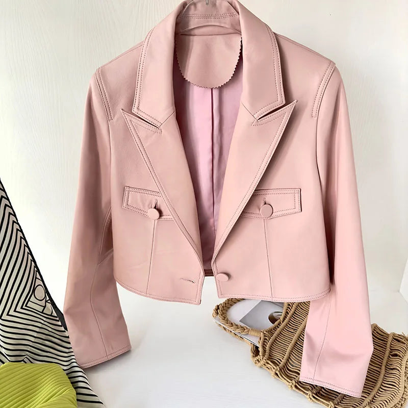 Women's Genuine Sheepskin Leather Blazer Jacket - Pink, Single Button