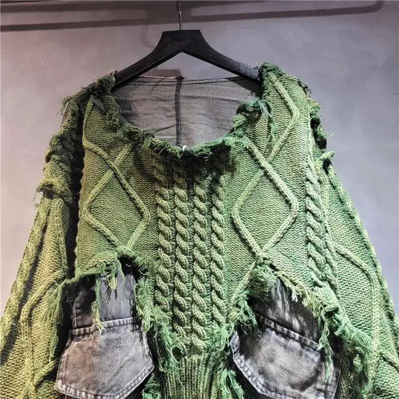DEAT Women's Patchwork Denim Pullover Sweater - Loose Knit Top