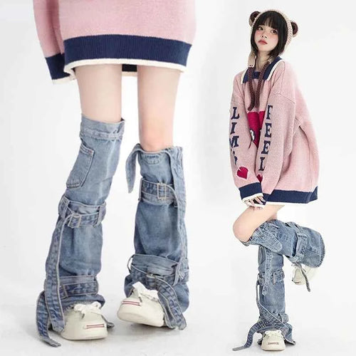 SS69 Y2k Denim Leg Warmers with Adjustable Buckle Straps Knee-High Gaiters