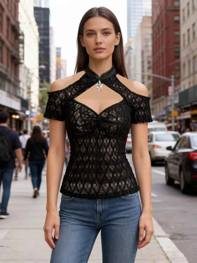 New Gothic Cold Shoulder Tops Women's Crochet Mesh Semi See Through Shirt with Cut Out Panels, Twist Front Cropped T-Shirt
