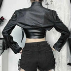 Punk Faux Leather Cropped Jacket Women Spring 2024 Streetwear Sexy Slim Fit Rivet PU Blouse Top