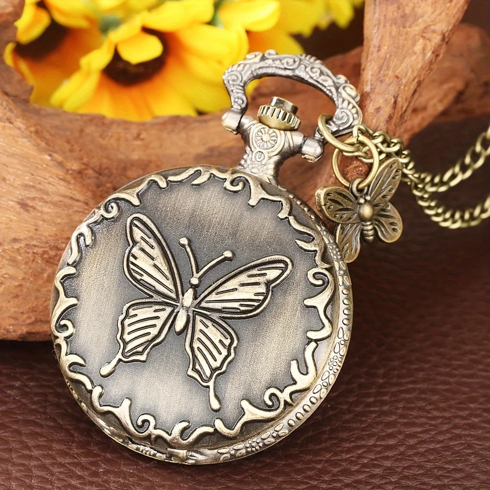 Vintage Cute Butterfly Pattern With Necklace Chain Pocket Watch Gift SS69