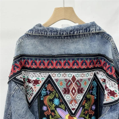 Streetwear Fashion Embroidery Sequins Denim Jacket Women Cowboy Outerwear Autumn Vintage Blue Big Pocket Jeans Jackets Female SS69