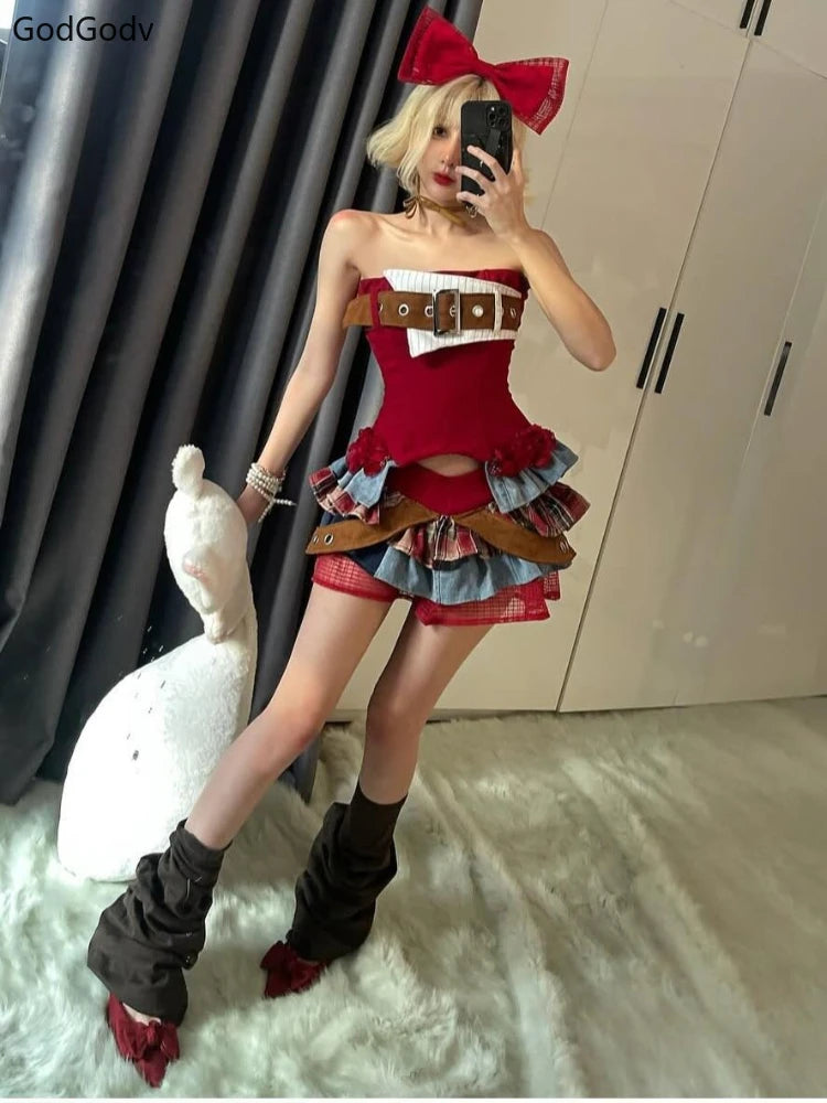 Preppy Style Vintage Red Denim Bustier Tops + Sweet Spicy Pure Design Mini Cake Skirt Women 2 Piece Sets Summer 2025 Korea Style SS69