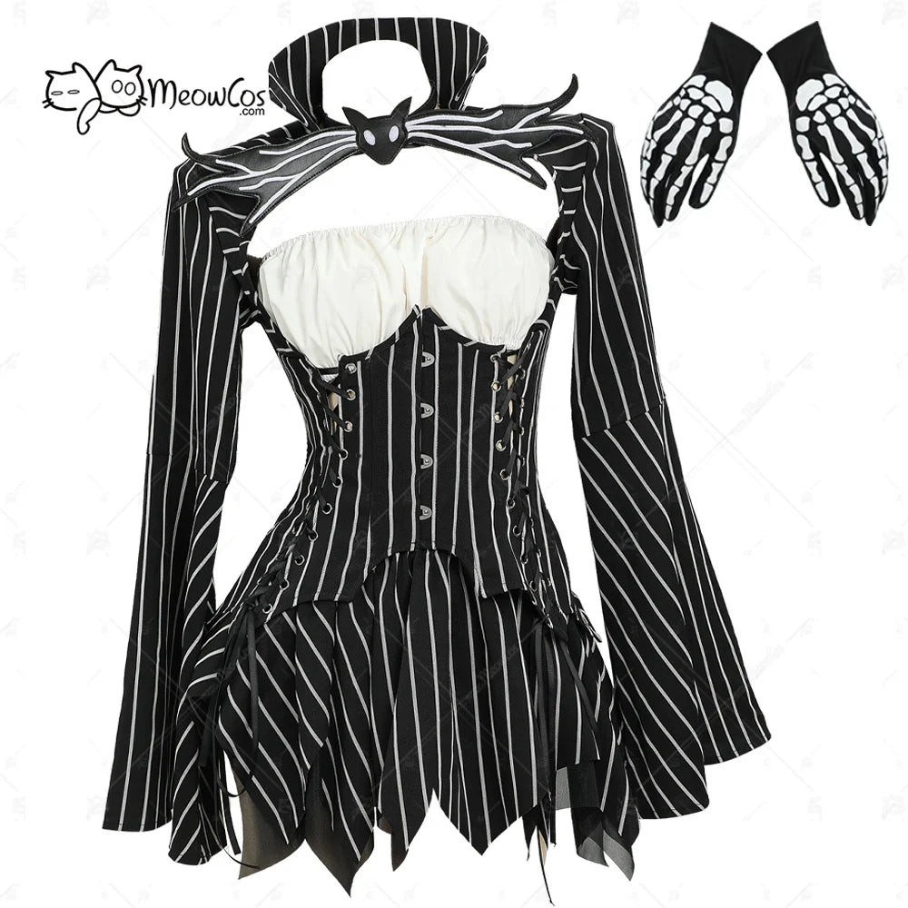 MEOWCOS Women's Jack Cosplay Costume Halloween Gothic  Long Sleeve Top with Skirt and Gloves