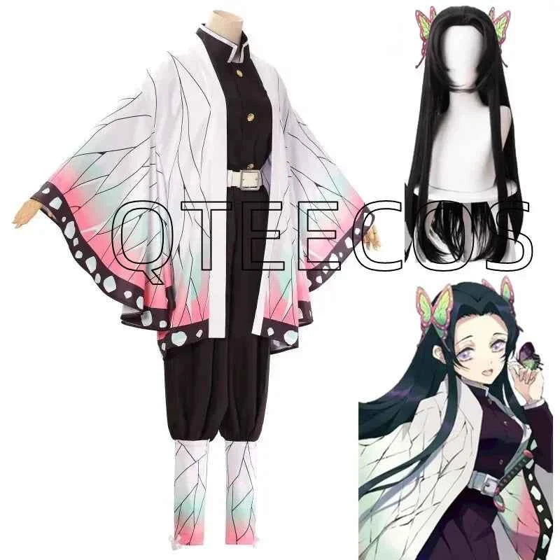 Kochou Kanae cosplay set including butterfly haori, uniform, long black wig, and hair accessories.