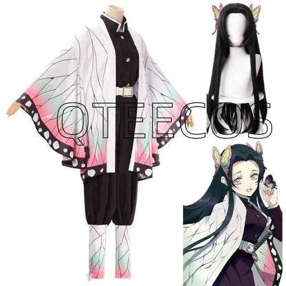 Kochou Kanae cosplay set including butterfly haori, uniform, long black wig, and hair accessories.