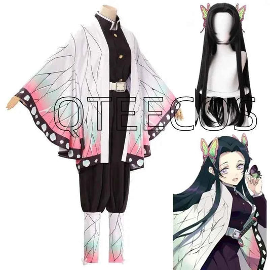 Kochou Kanae cosplay set including butterfly haori, uniform, long black wig, and hair accessories.