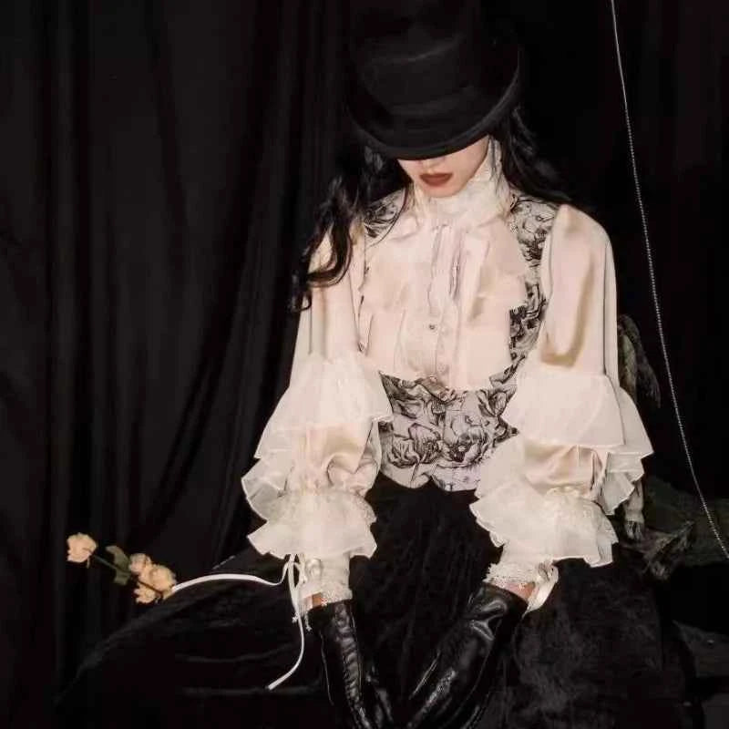 Japanese Kawaii Lolita Blouse Women Vintage Lantern Sleeve Shirt Y2k Aesthetic Lace Patchwork Tops Top Cospaly JK Loose Blusas