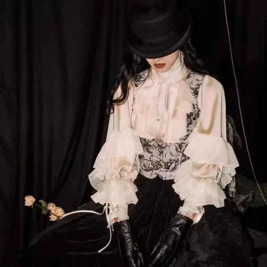 Japanese Kawaii Lolita Blouse Women Vintage Lantern Sleeve Shirt Y2k Aesthetic Lace Patchwork Tops Top Cospaly JK Loose Blusas