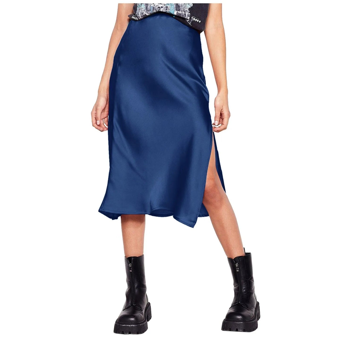 Korean Style Satin Skirt For Women Summer High Waisted Midi Skirt With Slit Solid Color Faldas Elegant Office Ladies Skirts SS69 26.69 Navy / M / CHINA