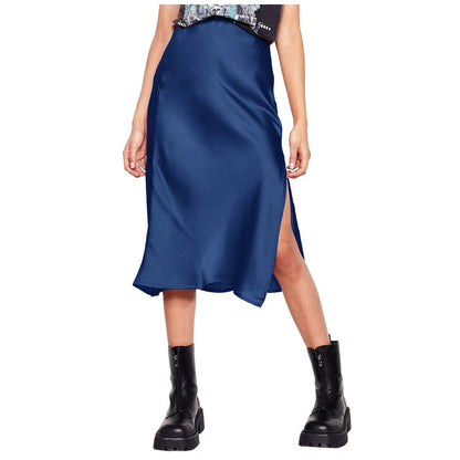 Korean Style Satin Skirt For Women Summer High Waisted Midi Skirt With Slit Solid Color Faldas Elegant Office Ladies Skirts SS69 26.69 Navy / M / CHINA