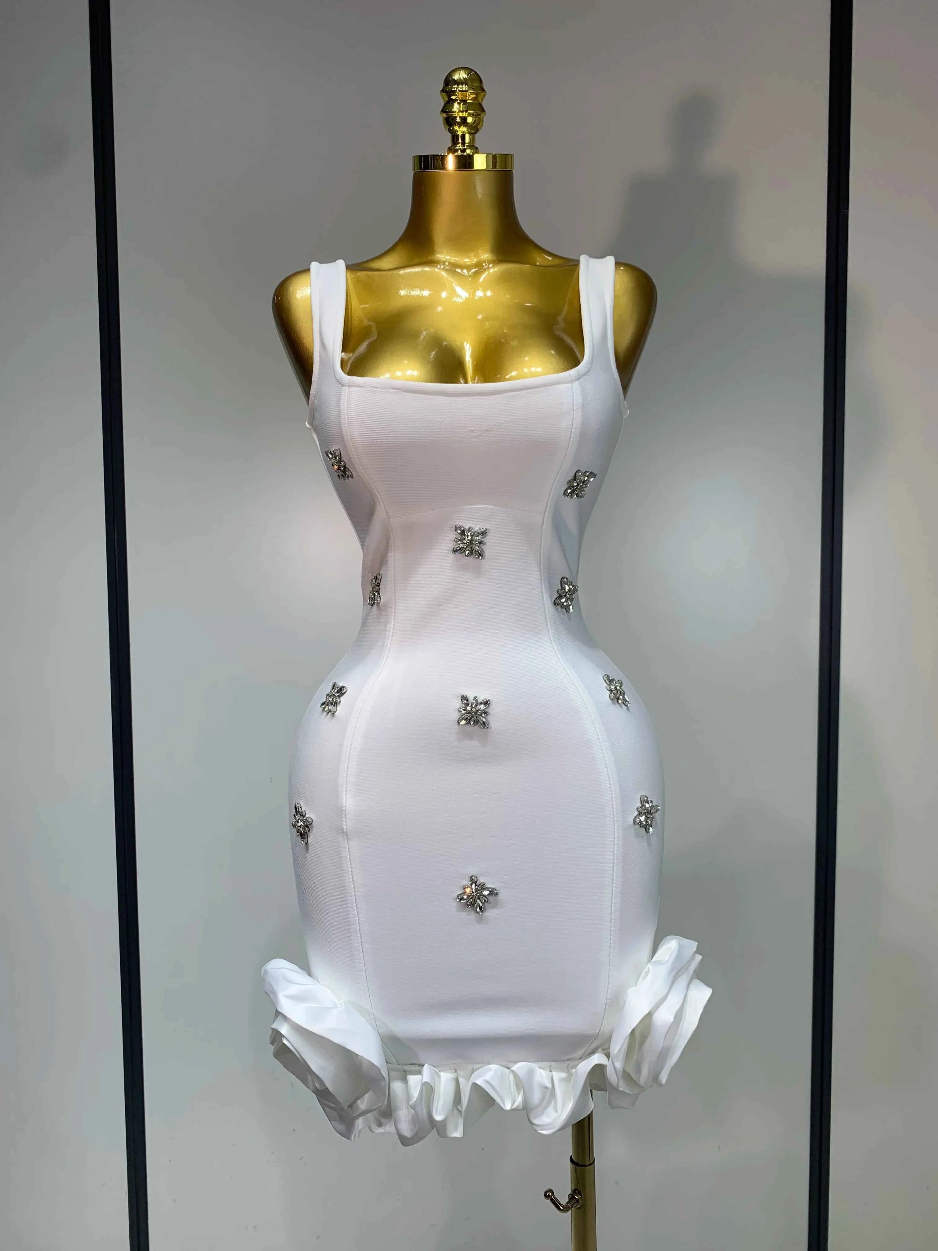 Women Sexy Square Collar Sparkly Rhinestone Bodycon Mini Bandage Dress Celebrate Evening Party Elegant Luxury Birthday Dress