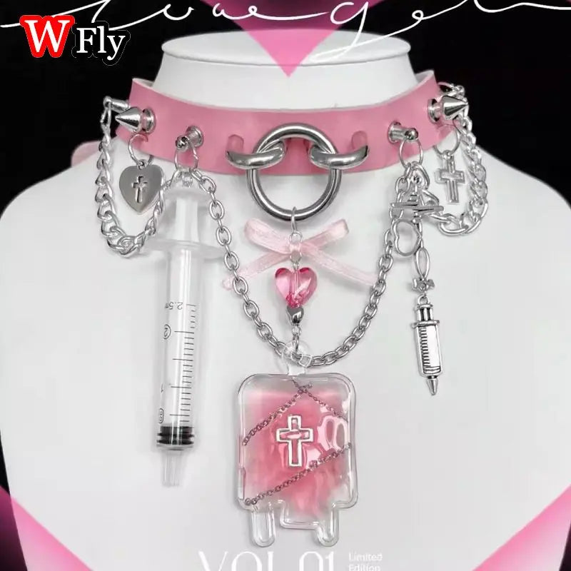 Harajuku Hot Girl Lolita Mine Sweetheart Disease Petite Nurse Needle Cross Medical Subculture Bow Collar Accessories Y2k SS69 19.69 pink