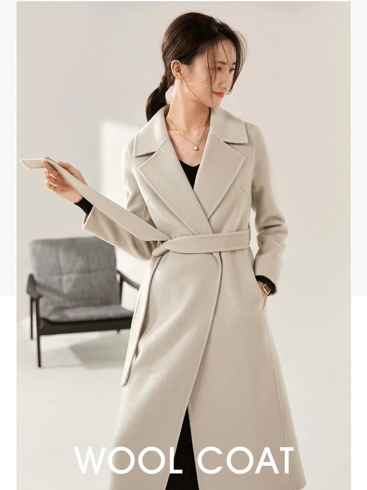 SENTUBILA Women's 100% Wool Long Wrap Coat with Belted Waist