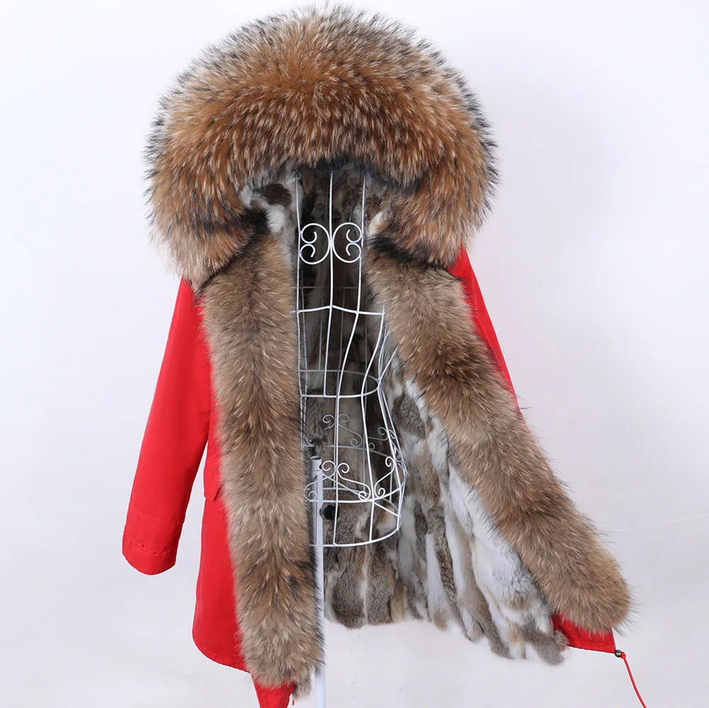 Maomaokong Winter Women Parka Cotton Jacket Real Fur Coat Natural Fox Fur Hooded Rabbit Fur Liner Thick Warm Outerwear Female