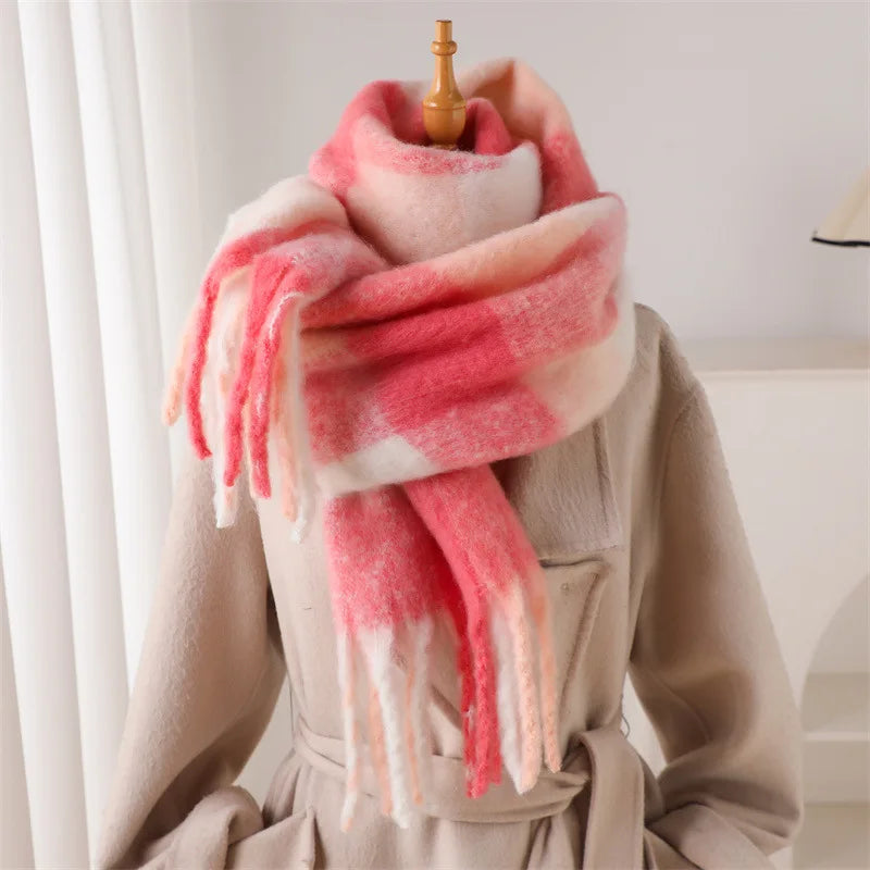 RUNMEIFACN Women's Winter Plaid Cashmere Blend Scarf with Tassels