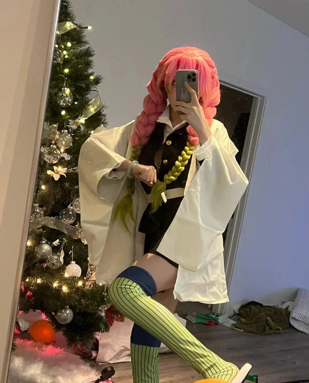 Anime Kanroji Mitsuri Cosplay Costume Kimono Haori Dress Wig Clothes Halloween Costume for Adult Children SS69