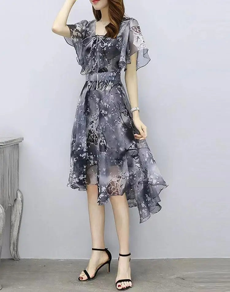 Women floral Chiffon Flower Dress 2026 trends new in Ladies Elegant V Neck short Sleeve korean style Summer Dress Female Clothes