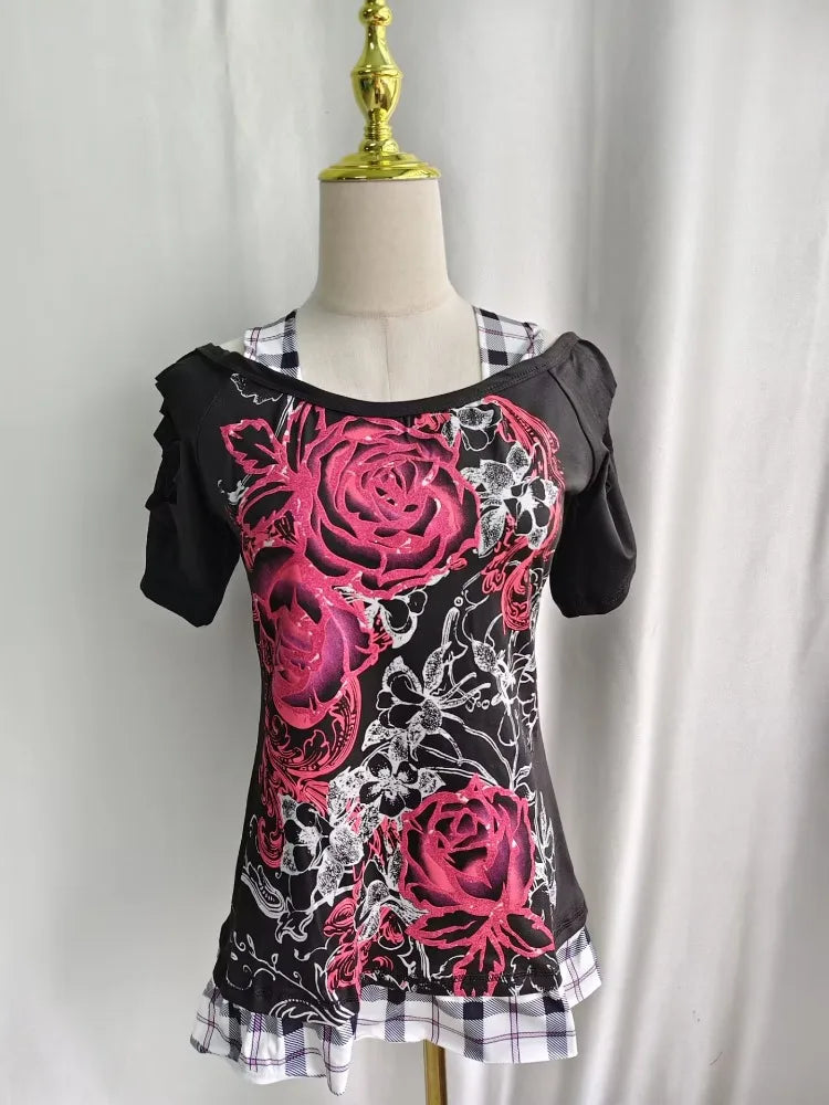 Kimutomo Women T Shirts Vintage Flowers Printed Short Sleeve Spring Summer Fashion Slim Grunge Gothic Y2k Harajuku Tops Ladies