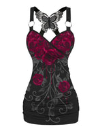 Dressfo 2025 Women's Tank Tops Rose Print Ruched Butterfly Lace Cross Tank Top O Ring Surplice Summer Top SS69