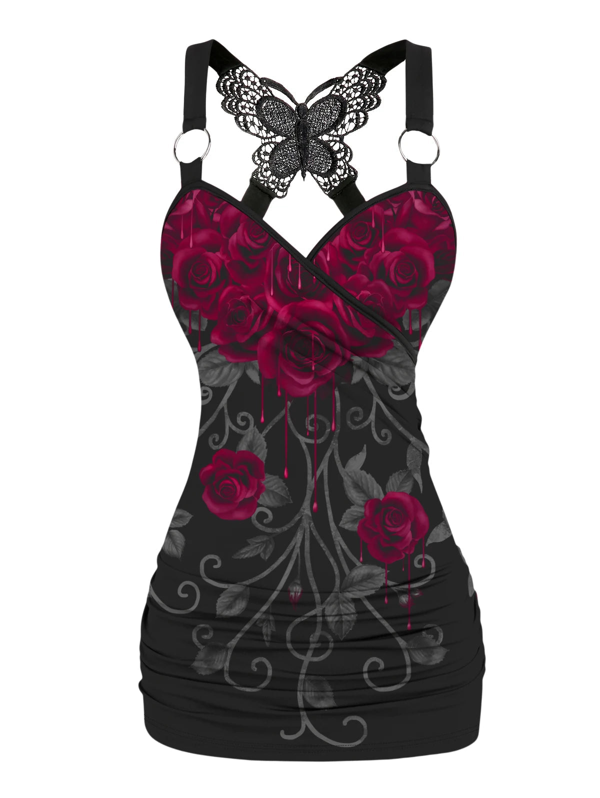 Dressfo 2025 Women's Tank Tops Rose Print Ruched Butterfly Lace Cross Tank Top O Ring Surplice Summer Top SS69