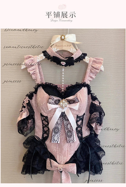 2024 New Spring Summer Ladies Exquisite Lace Skirt Suit Lolita Sweet Womens Black Pink Bow Tube Top Sling Short Cake Skirt Set SS69