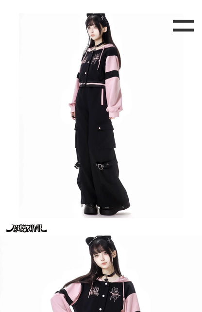Pink and Black Splicing Color Hooded Baseball Jacket Casual Pant Sets 2025 Spring and Autumn Sweet Cool Girl Students Outfits SS69