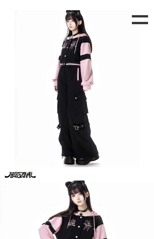 Pink and Black Splicing Color Hooded Baseball Jacket Casual Pant Sets 2025 Spring and Autumn Sweet Cool Girl Students Outfits SS69