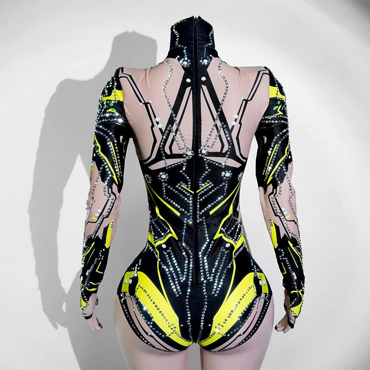 Women's Green Rhinestone Bodysuit High Elasticity Dance Outfit