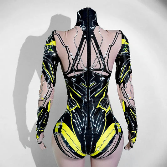 SS69 Women's Rhinestone Embellished Green Bodysuit High Elasticity Dance Outfit