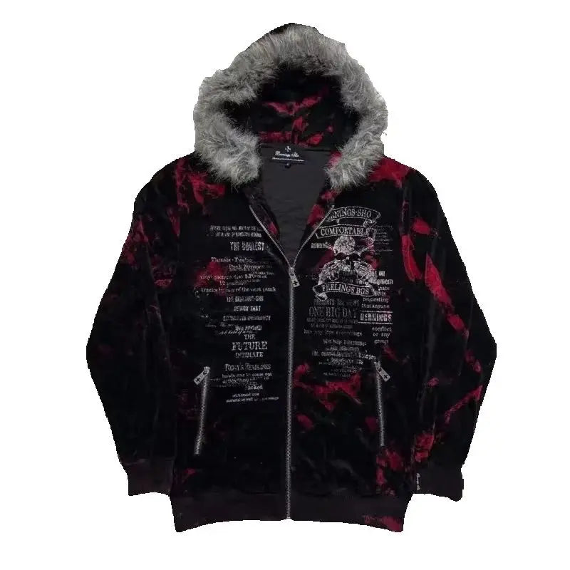 New Gothic geometric print red gradient zipper hoodie women fashion high street fur collar loose sweatshirt for men and women