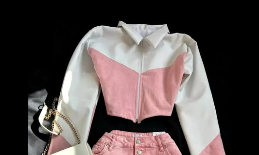 Fashion Trendy Leather Suit Twopiece Set Women Y2k Harajuku Gothic Heart Shaped Short Jacket Denim Splicing Sexy Miniskirt Suit SS69 35.69 Top3 / S