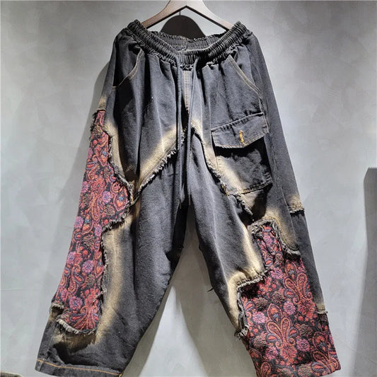 DEAT Women's Patchwork Denim Hooded Jacket and High Waist Wide Leg Pants Set