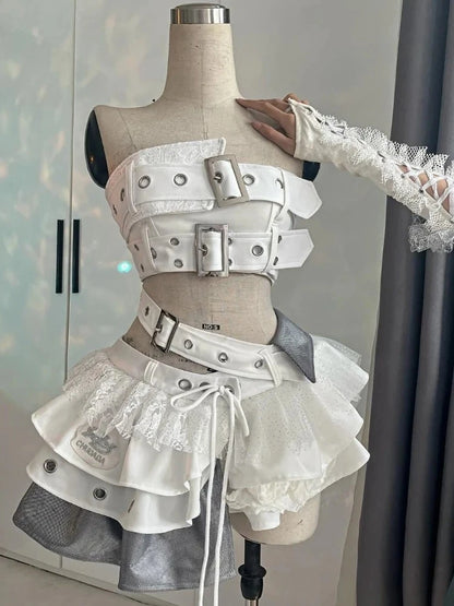 2000s Aesthetic Punk Style Women New 2 Piece Set Sexy Strapless Tops + High Waist Skirt Female Retro Chic Korean Popular Clothes