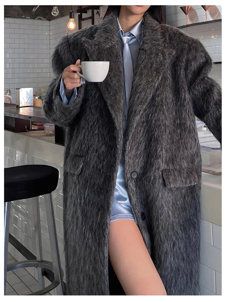 Mauroicardi Autumn Winter Oversized Extra Long Warm Thick Gray Wool & Blends Coat Women Loose Casual Fluffy Korean Fashion 2024