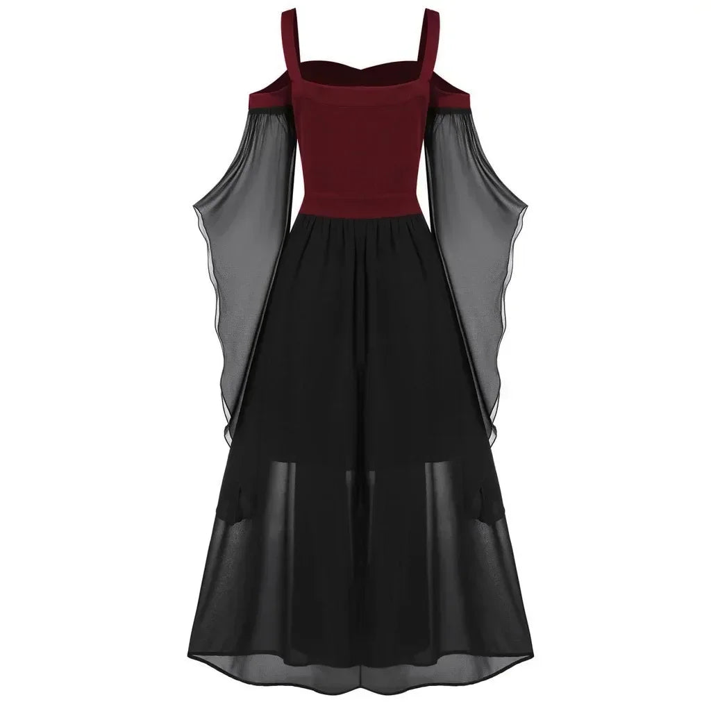 New Medieval Witch Dress for Women Halloween Carnival Women Plus Size Cold Shoulder Butterfly Sleeve Halloween Gothic Dress