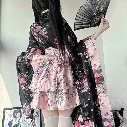 6pcs Traditional Japanese Kimono Robe Kawaii Pink Sakura Printed Bowknot Lolita Dress Halloween Party Geisha Cosplay Costumes