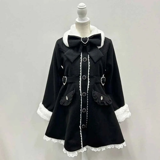 Japanese Sweet Winter Woolen Coat Lolita Style Cute Big Bow Fungus Edge Long Sleeve Slim Kawaii Girls Women Elegant Overcoat
