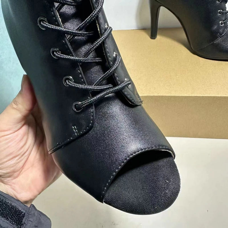 Women's Black Peep-Toe High Heel Stilettos Size 46 New Fashion Brand Party Boots for Ballroom Latin Jazz Dance Sexy Party Shoes SS69