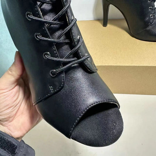 Women's Black Peep-Toe High Heel Stilettos Size 46 New Fashion Brand Party Boots for Ballroom Latin Jazz Dance Sexy Party Shoes SS69