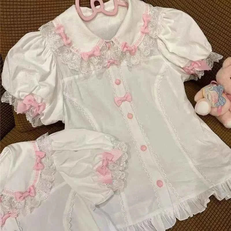 Y2K JK Lolita Japan Kawaii Girl Cute Sweet Lace T-shirt Lolita Print Tops Bow Cake Blouse  A-line Spliced Cake Skirt New Chic