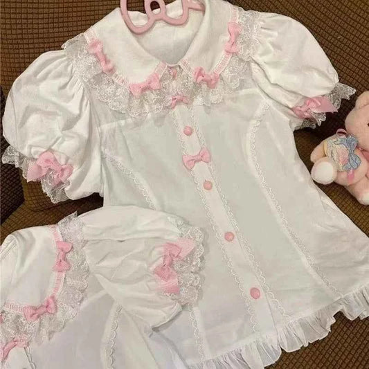 Y2K JK Lolita Japan Kawaii Girl Cute Sweet Lace T-shirt Lolita Print Tops Bow Cake Blouse  A-line Spliced Cake Skirt New Chic
