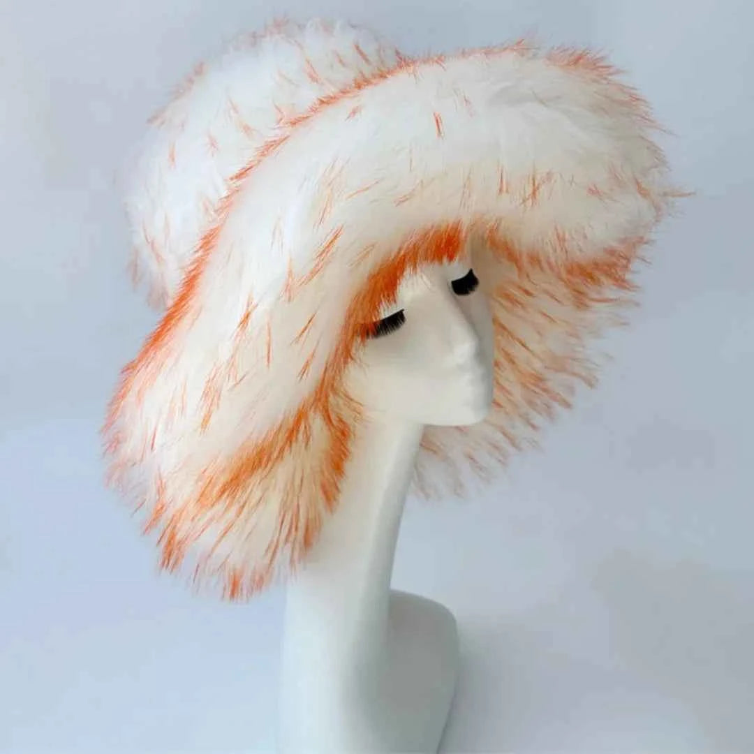 Luxury Fluffy Women Faux Fur Bucket Hats Oversized 17cm Wide Brim Thicken Outdoor Warm Plush Punk Hat Girl Y2k Female Ski Panama