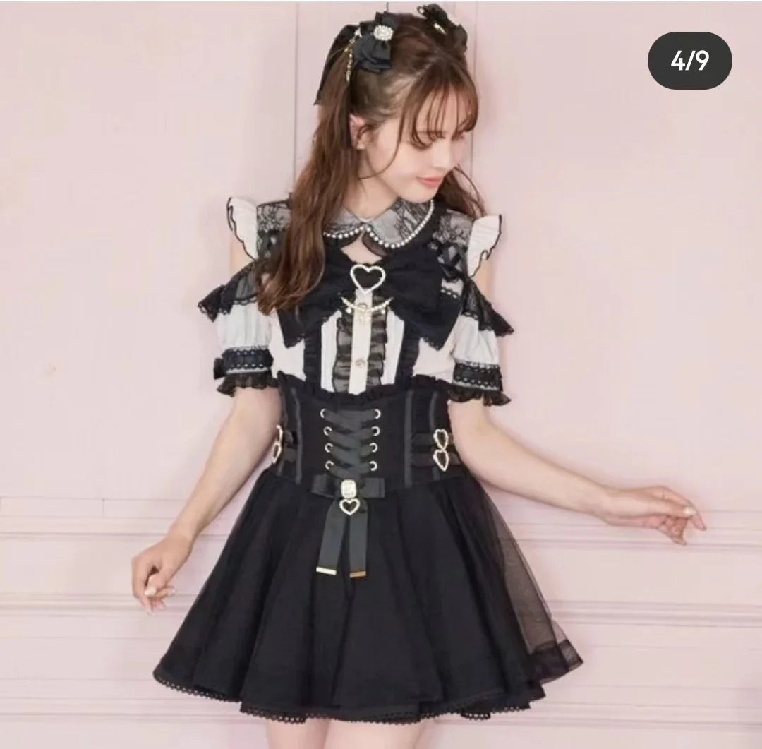 Japanese Liz Mine Women's Shirt Summer Off Shoulder Big Bow Short Sleeve Top Cute Girl BlousesHigh Waist Skirt 2 Piece Skirt Set SS69