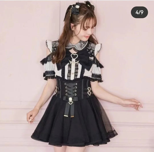 Japanese Liz Mine Women's Shirt Summer Off Shoulder Big Bow Short Sleeve Top Cute Girl BlousesHigh Waist Skirt 2 Piece Skirt Set SS69