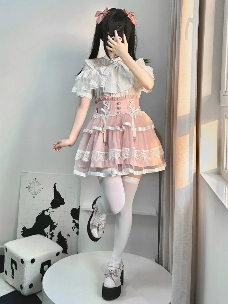 Kimutomo Lolita Style Shirts Women Bow Lace Patchwork Solid Japanese Style Y2k Sweet Blouse Spring Summer Fashion Tops Ladies SS69