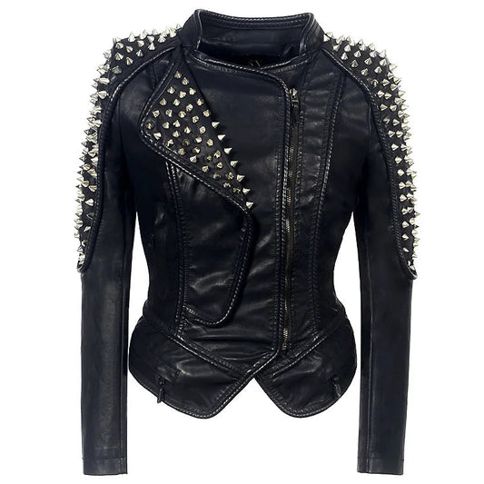 2025 Steampunk Rock Rivet Women's Leather Jacket Slim Short Streetwear Gothic Embroidery PU Leather Locomotive Coat Femme SS69